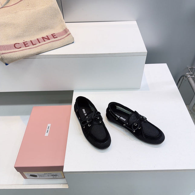MIUMIU 26S BOAT SHOES IN BLACK MESH AND SUEDE