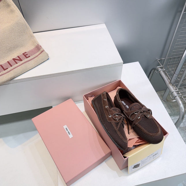 MIUMIU 26S BOAT SHOES IN DARK BROWN MESH AND SUEDE
