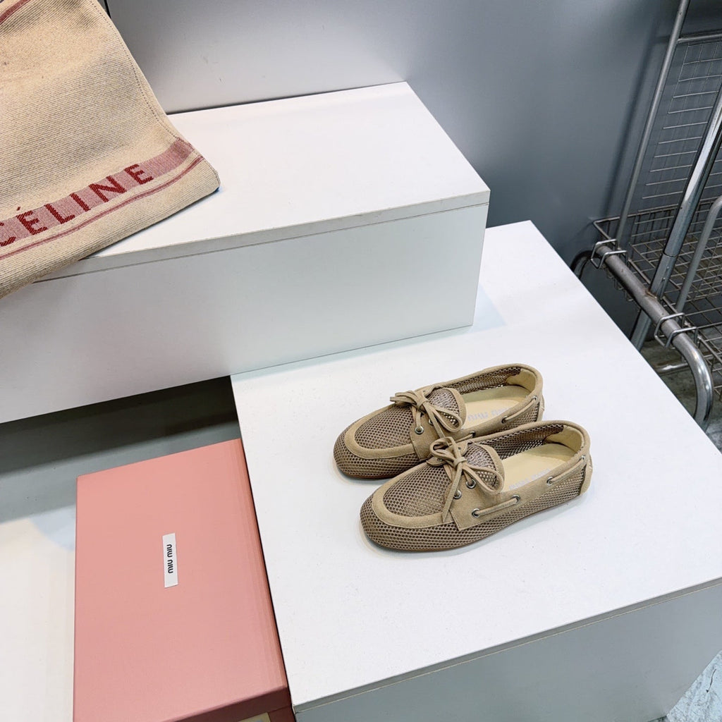 MIUMIU 26S BOAT SHOES IN BROWN MESH AND SUEDE