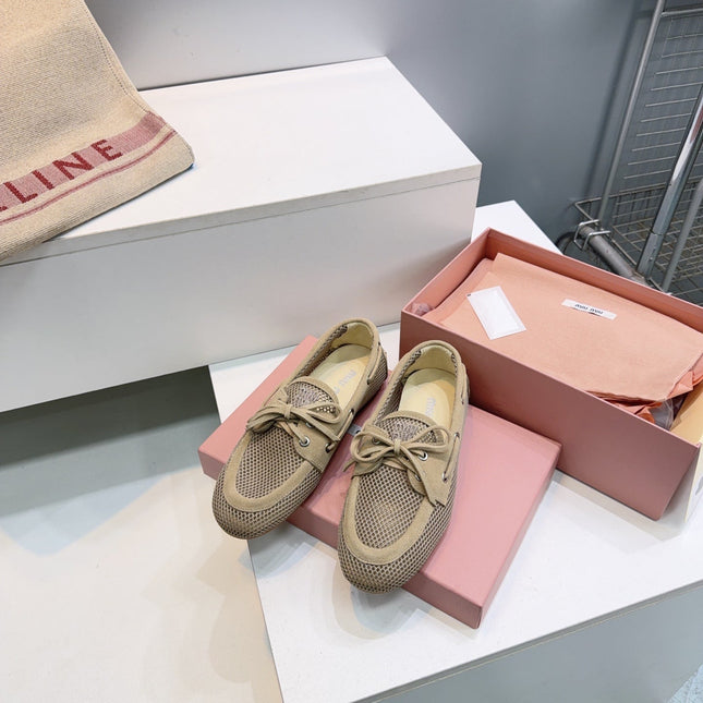 MIUMIU 26S BOAT SHOES IN BROWN MESH AND SUEDE