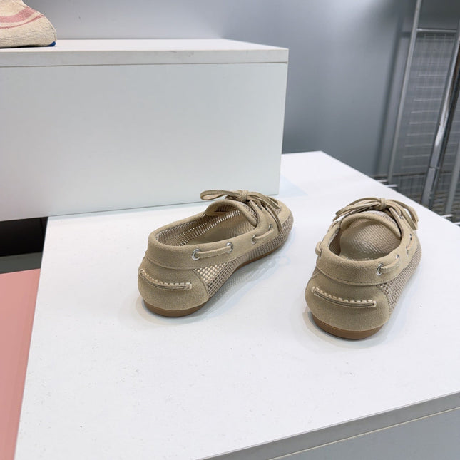MIUMIU 26S BOAT SHOES IN BROWN MESH AND SUEDE
