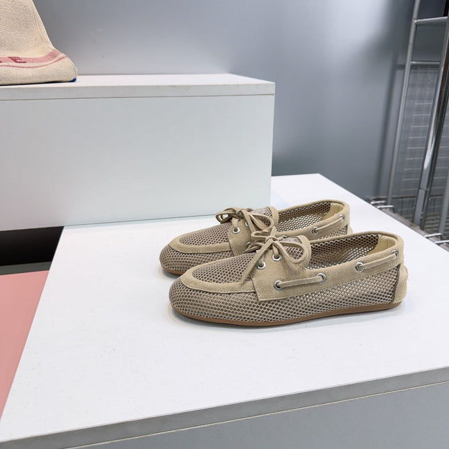 MIUMIU 26S BOAT SHOES IN BROWN MESH AND SUEDE