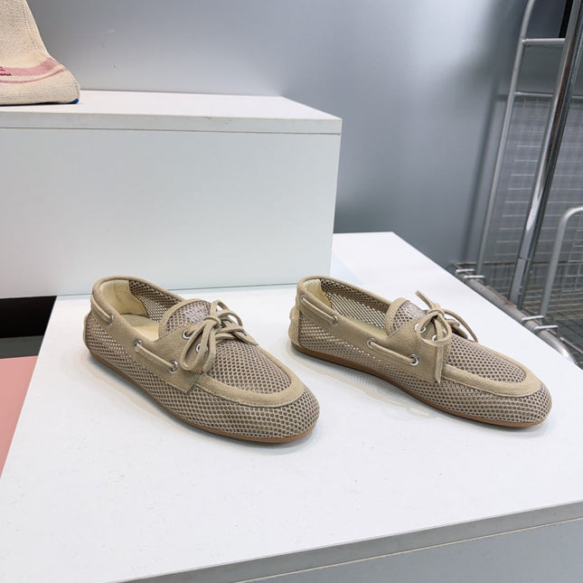 MIUMIU 26S BOAT SHOES IN BROWN MESH AND SUEDE