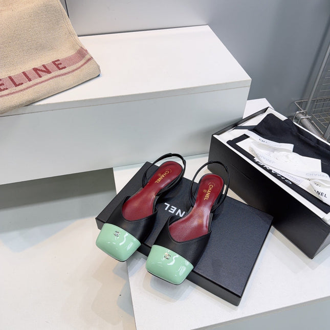 CHANEL 26S FLAT SLINGBACK IN BLACK LAMBSKIN WITH MINT GREEN CAP TOE