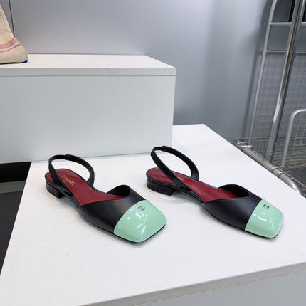 CHANEL 26S FLAT SLINGBACK IN BLACK LAMBSKIN WITH MINT GREEN CAP TOE