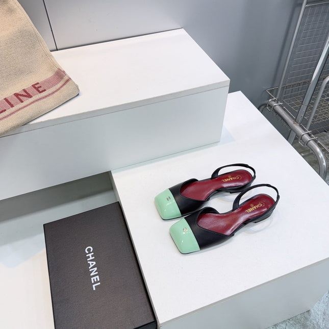 CHANEL 26S FLAT SLINGBACK IN BLACK LAMBSKIN WITH MINT GREEN CAP TOE