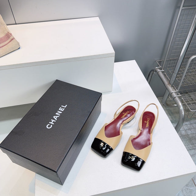 CHANEL 26S FLAT SLINGBACK IN BEIGE LAMBSKIN WITH BLACK CAP TOE