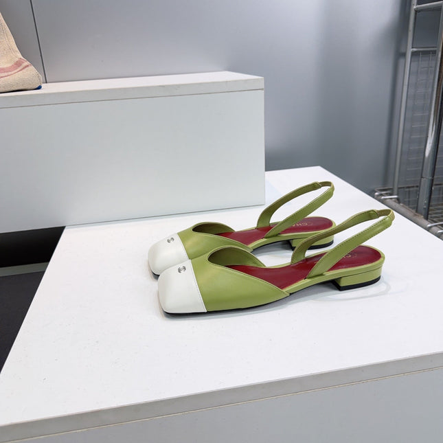 CHANEL 26S FLAT SLINGBACK IN GREEN LAMBSKIN WITH WHITE CAP TOE