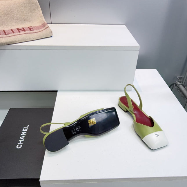 CHANEL 26S FLAT SLINGBACK IN GREEN LAMBSKIN WITH WHITE CAP TOE