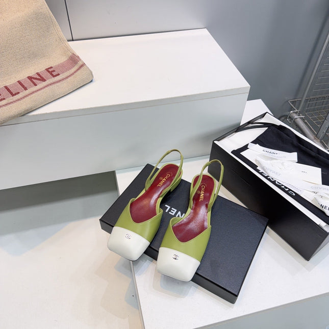 CHANEL 26S FLAT SLINGBACK IN GREEN LAMBSKIN WITH WHITE CAP TOE