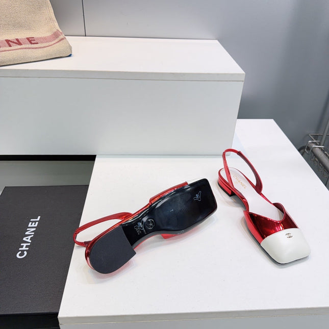 CHANEL 26S FLAT SLINGBACK IN RED GLOSSY LAMBSKIN WITH WHITE CAP TOE