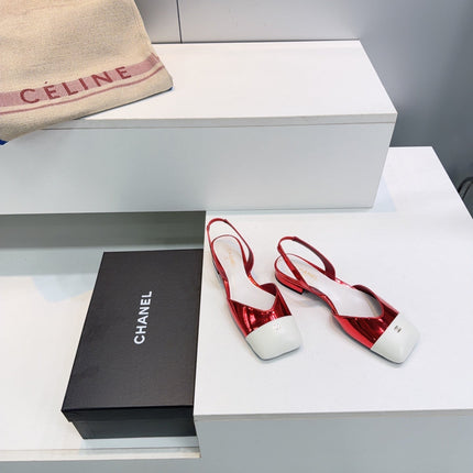 CHANEL 26S FLAT SLINGBACK IN RED GLOSSY LAMBSKIN WITH WHITE CAP TOE
