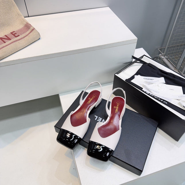 CHANEL 26S FLAT SLINGBACK IN WHITE LAMBSKIN WITH BLACK CAP TOE