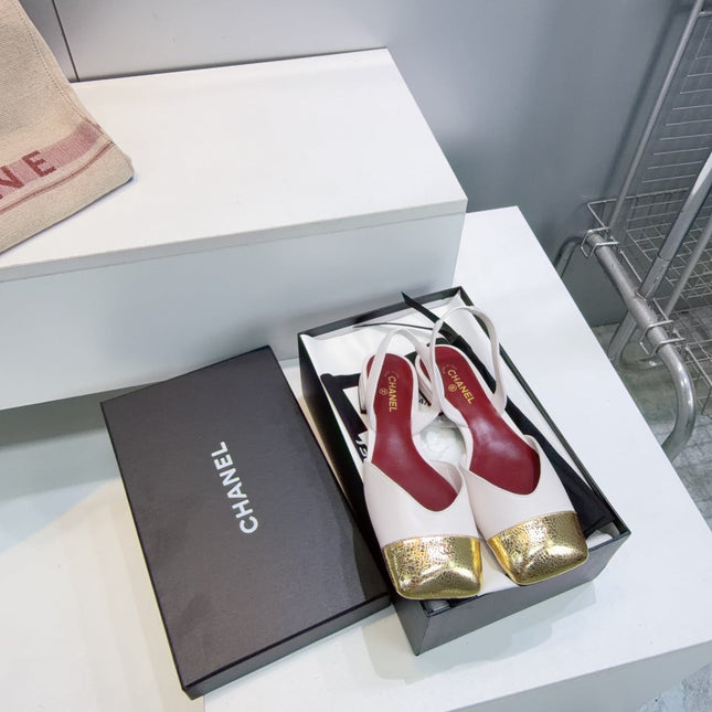 CHANEL 26S FLAT SLINGBACK IN WHITE LAMBSKIN WITH GOLD CAP TOE