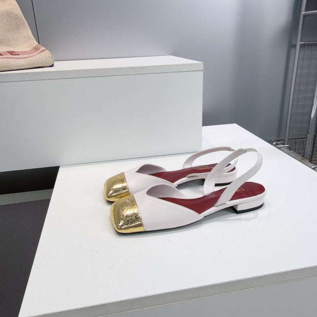 CHANEL 26S FLAT SLINGBACK IN WHITE LAMBSKIN WITH GOLD CAP TOE