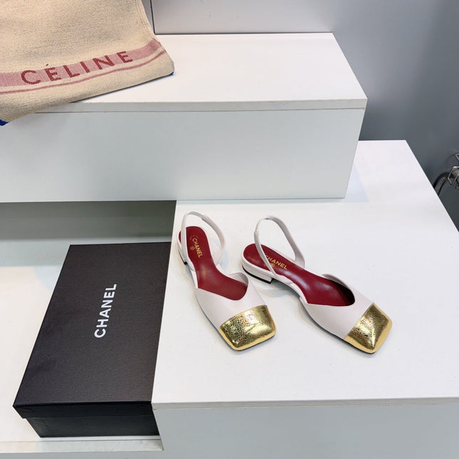 CHANEL 26S FLAT SLINGBACK IN WHITE LAMBSKIN WITH GOLD CAP TOE