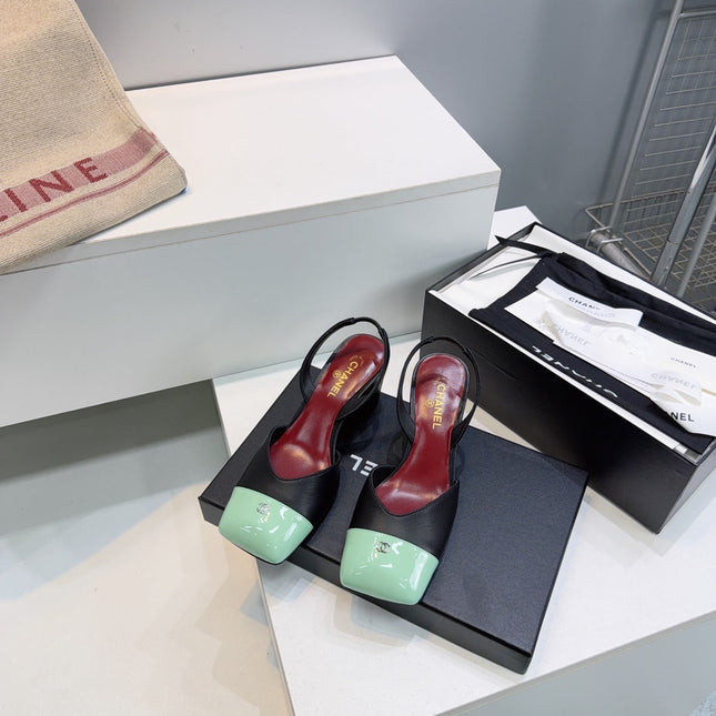 CHANEL 26S SLINGBACK 55 MM IN BLACK LAMBSKIN WITH MINT GREEN CAP TOE