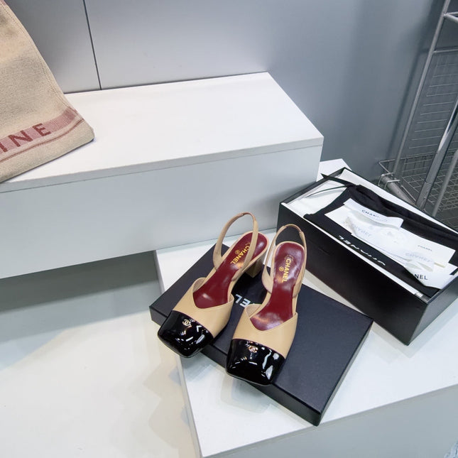 CHANEL 26S SLINGBACK 55 MM IN BEIGE LAMBSKIN WITH BLACK CAP TOE