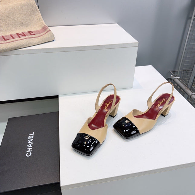 CHANEL 26S SLINGBACK 55 MM IN BEIGE LAMBSKIN WITH BLACK CAP TOE