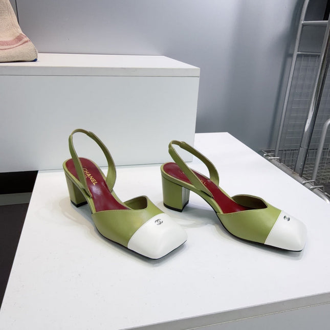 CHANEL 26S SLINGBACK 55 MM IN GREEN LAMBSKIN WITH WHITE CAP TOE