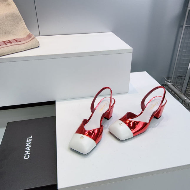 CHANEL 26S SLINGBACK 55 MM IN RED GLOSSY LAMBSKIN WITH WHITE CAP TOE