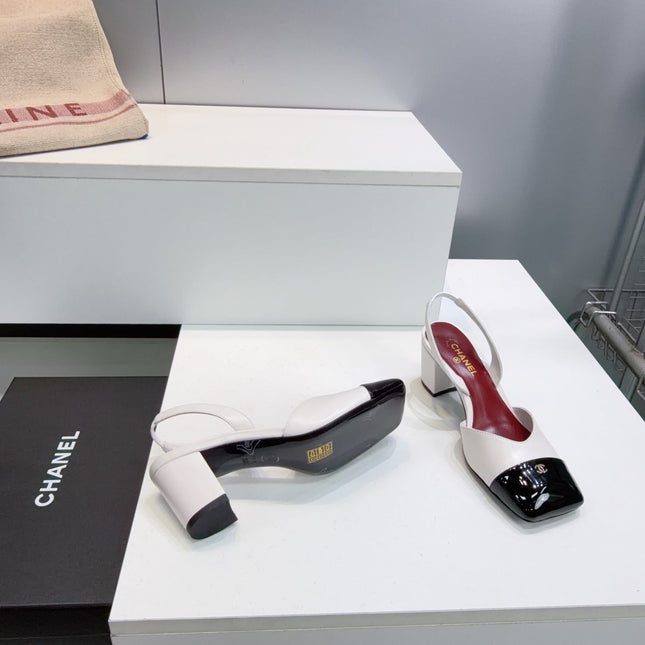 CHANEL 26S SLINGBACK 55 MM IN WHITE LAMBSKIN WITH BLACK CAP TOE