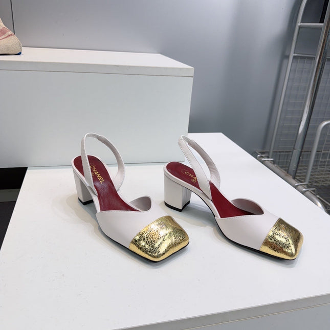CHANEL 26S SLINGBACK 55 MM IN WHITE LAMBSKIN WITH GOLD CAP TOE