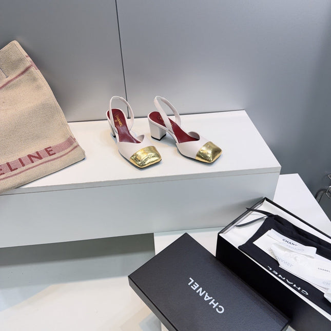 CHANEL 26S SLINGBACK 55 MM IN WHITE LAMBSKIN WITH GOLD CAP TOE