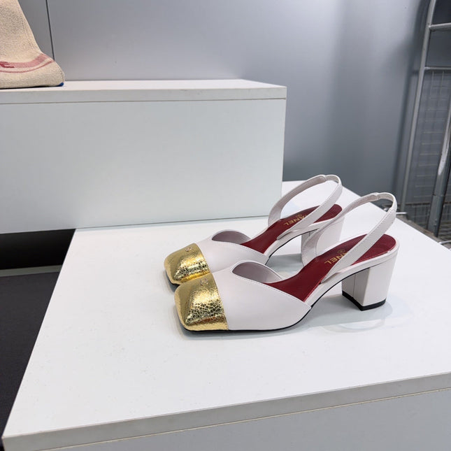 CHANEL 26S SLINGBACK 55 MM IN WHITE LAMBSKIN WITH GOLD CAP TOE
