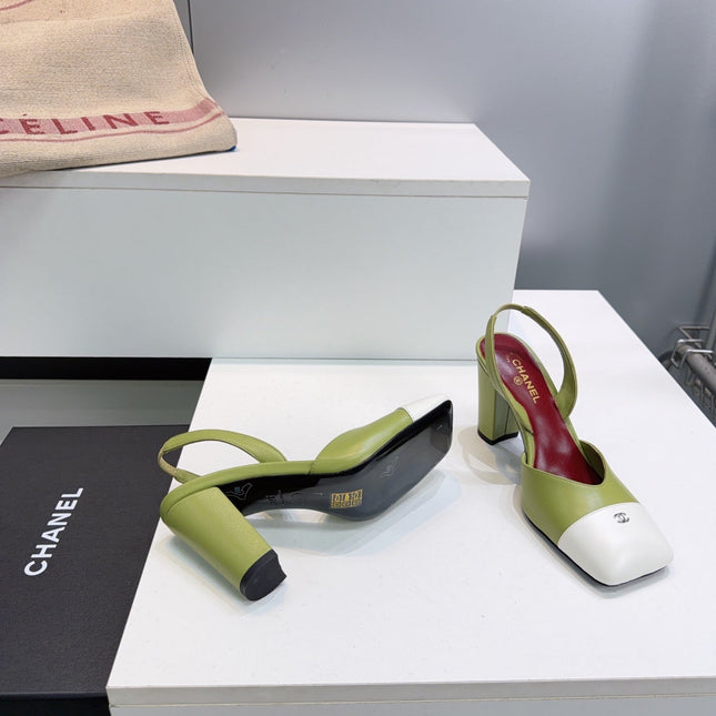 CHANEL 26S SLINGBACK 95 MM IN GREEN LAMBSKIN WITH WHITE CAP TOE