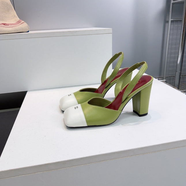 CHANEL 26S SLINGBACK 95 MM IN GREEN LAMBSKIN WITH WHITE CAP TOE