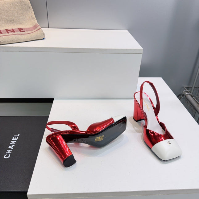 CHANEL 26S SLINGBACK 95 MM IN RED GLOSSY LAMBSKIN WITH WHITE CAP TOE