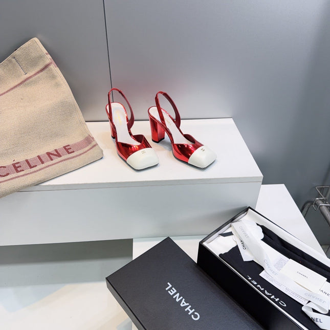 CHANEL 26S SLINGBACK 95 MM IN RED GLOSSY LAMBSKIN WITH WHITE CAP TOE