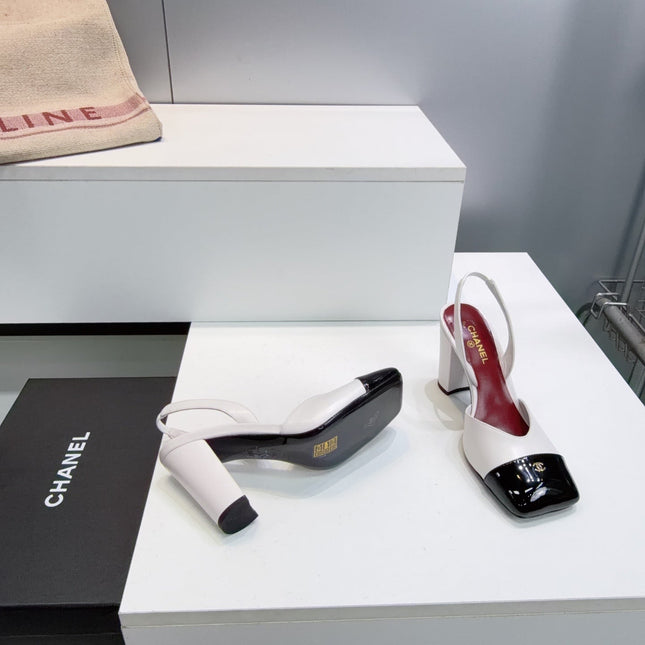 CHANEL 26S SLINGBACK 95 MM IN WHITE LAMBSKIN WITH BLACK CAP TOE