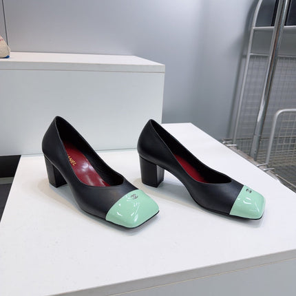 CHANEL 26S SQUARE-TOE HIGH HEELS 55 MM IN BLACK LAMBSKIN WITH MINT GREEN CAP TOE
