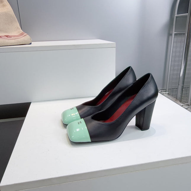CHANEL 26S SQUARE-TOE HIGH HEELS 95 MM IN BLACK LAMBSKIN WITH MINT GREEN CAP TOE