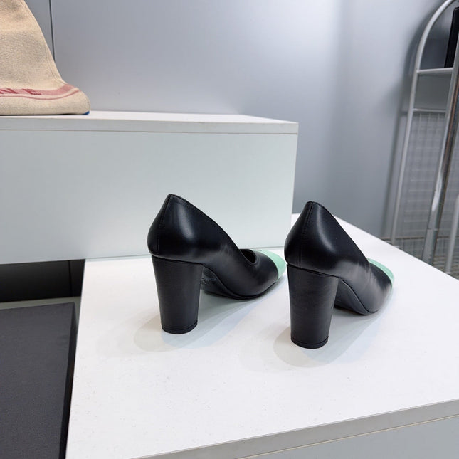 CHANEL 26S SQUARE-TOE HIGH HEELS 95 MM IN BLACK LAMBSKIN WITH MINT GREEN CAP TOE