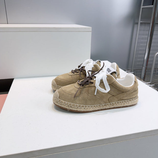 MIUMIU 26S LACE UP ESPADRILLE SNEAKERS IN LIGHT BROWN SUEDE ROPE SOLE