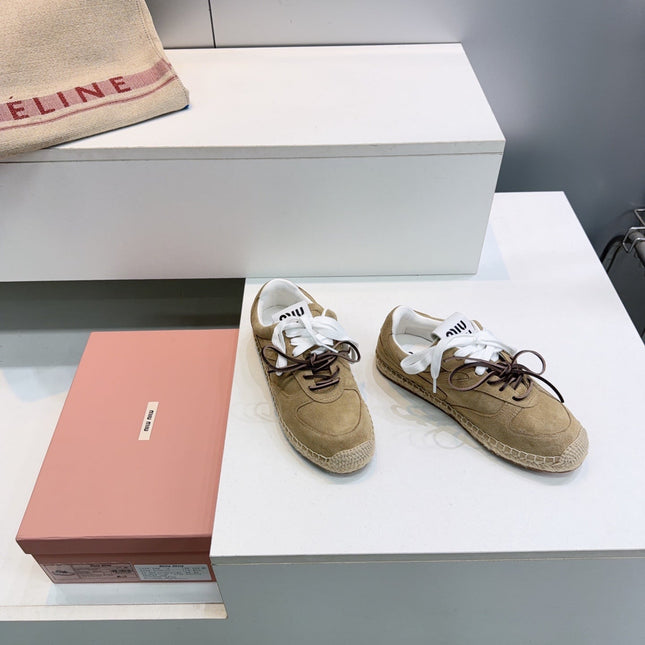 MIUMIU 26S LACE UP ESPADRILLE SNEAKERS IN LIGHT BROWN SUEDE ROPE SOLE