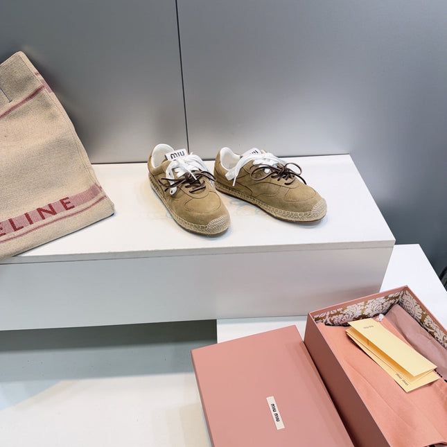 MIUMIU 26S LACE UP ESPADRILLE SNEAKERS IN LIGHT BROWN SUEDE ROPE SOLE