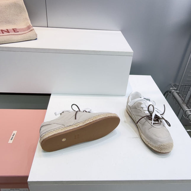 MIUMIU 26S LACE UP ESPADRILLE SNEAKERS IN LIGHT GREY SUEDE ROPE SOLE
