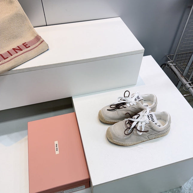 MIUMIU 26S LACE UP ESPADRILLE SNEAKERS IN LIGHT GREY SUEDE ROPE SOLE