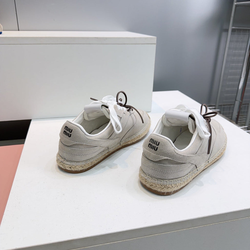 MIUMIU 26S LACE UP ESPADRILLE SNEAKERS IN LIGHT GREY SUEDE ROPE SOLE