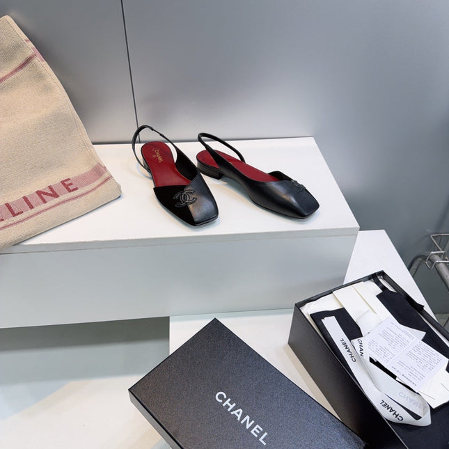CHANEL 26S FLAT SLINGBACK IN BLACK SUEDE AND LAMBSKIN