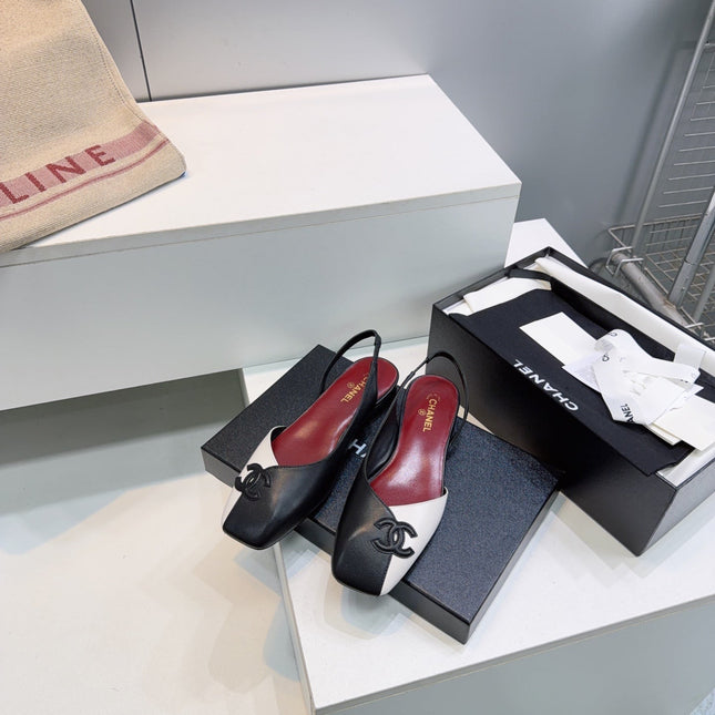 CHANEL 26S FLAT SLINGBACK IN BLACK AND WHITE LAMBSKIN