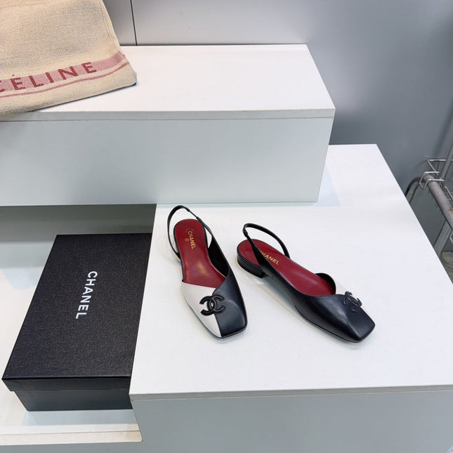 CHANEL 26S FLAT SLINGBACK IN BLACK AND WHITE LAMBSKIN