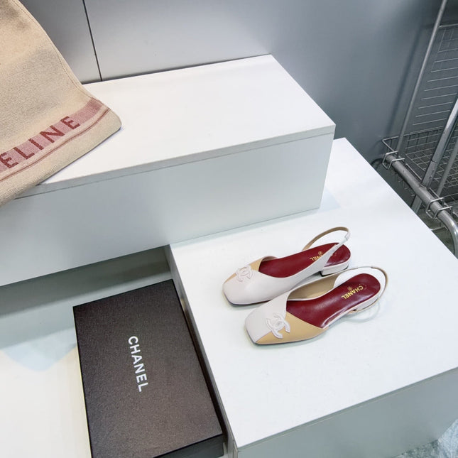 CHANEL 26S FLAT SLINGBACK IN BEIGE AND WHITE LAMBSKIN
