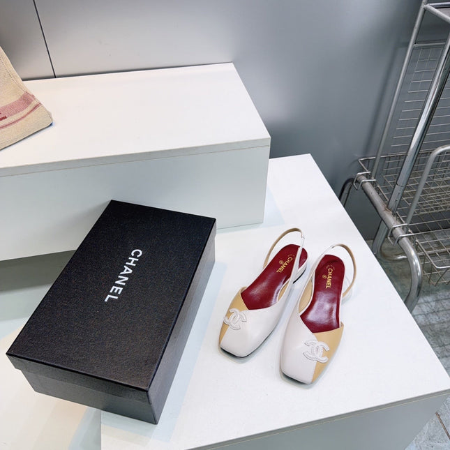 CHANEL 26S FLAT SLINGBACK IN BEIGE AND WHITE LAMBSKIN