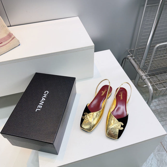 CHANEL 26S FLAT SLINGBACK IN GOLD LAMBSKIN AND BLACK SUEDE