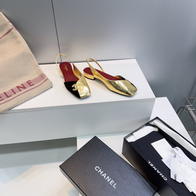 CHANEL 26S FLAT SLINGBACK IN GOLD LAMBSKIN AND BLACK SUEDE